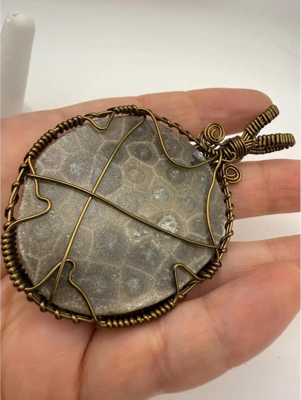 Large Handcrafted Wire Wrapped Petoskey Stone Pendant Amulet